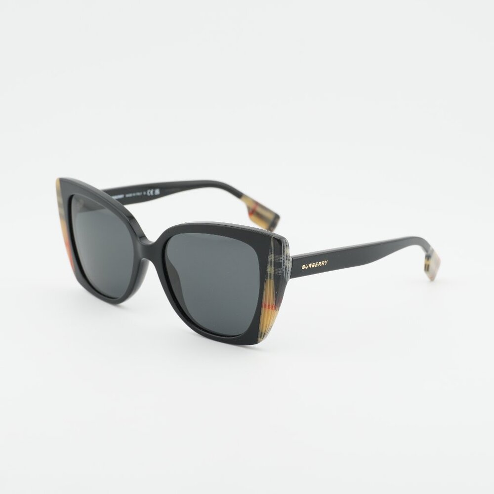 Burberry BE4393 405587 Sunglasses Black/Vintage Check Cat Eye Frame, Grey Lenses